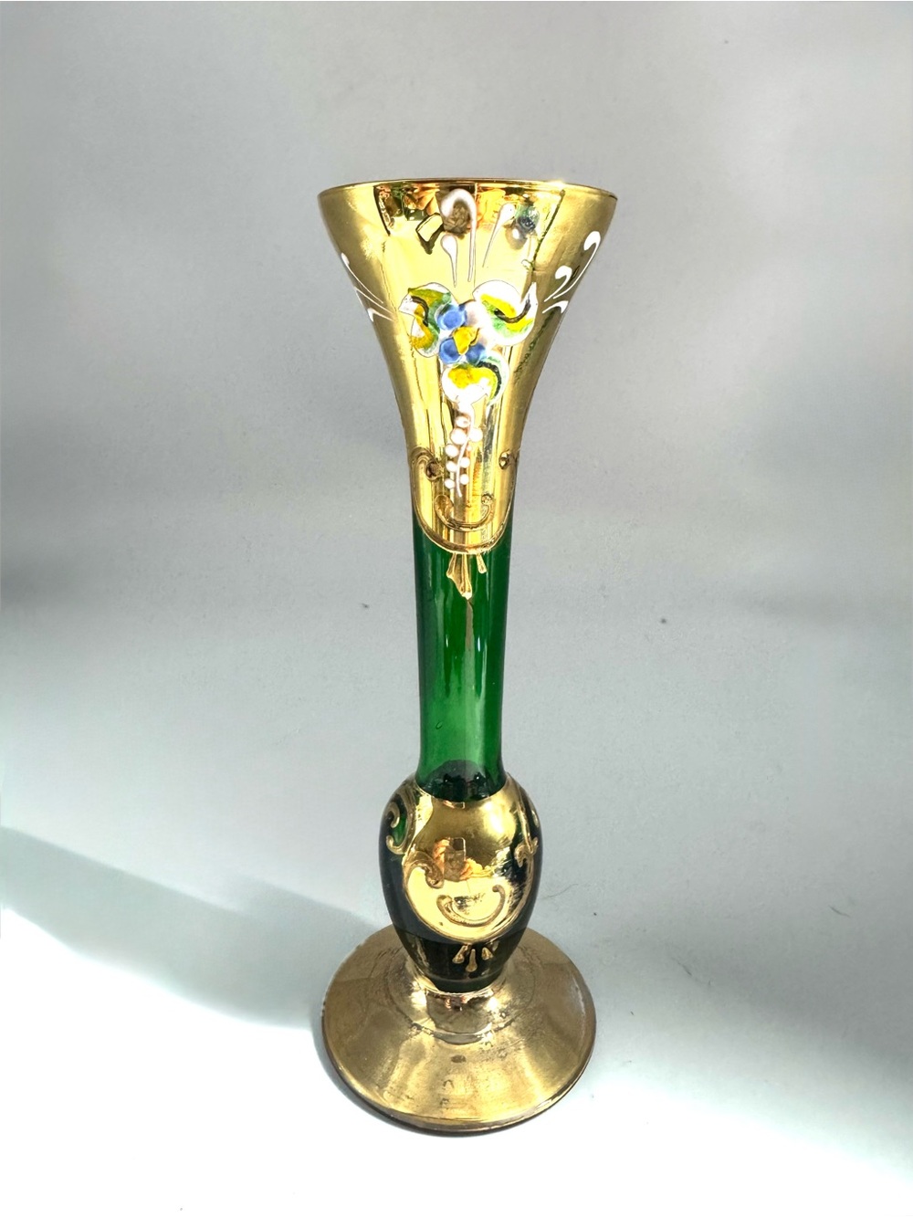 Green and Gold Hand-Decorated Glass Bud Vase by